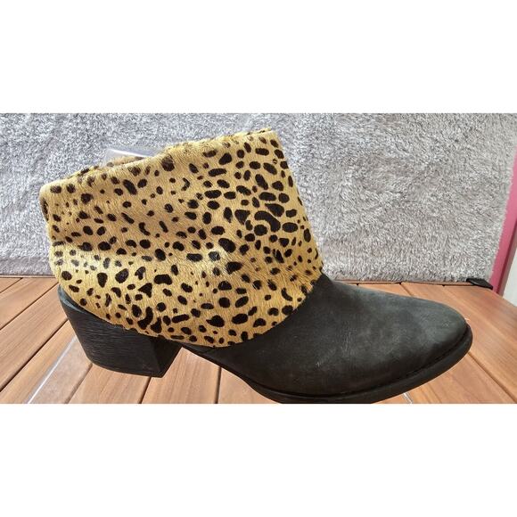 ALL BLACK Leather Ankle Booties Boots Leopard Calf Skin Fold Down‎ EU 39 US 8.5 - Picture 3 of 6
